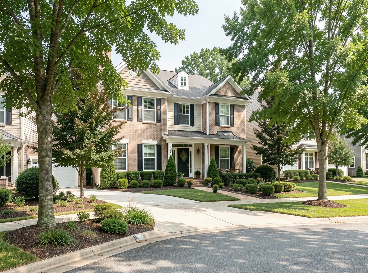 Tree-lined residential street with well-kept homes in South Fulton, Georgia