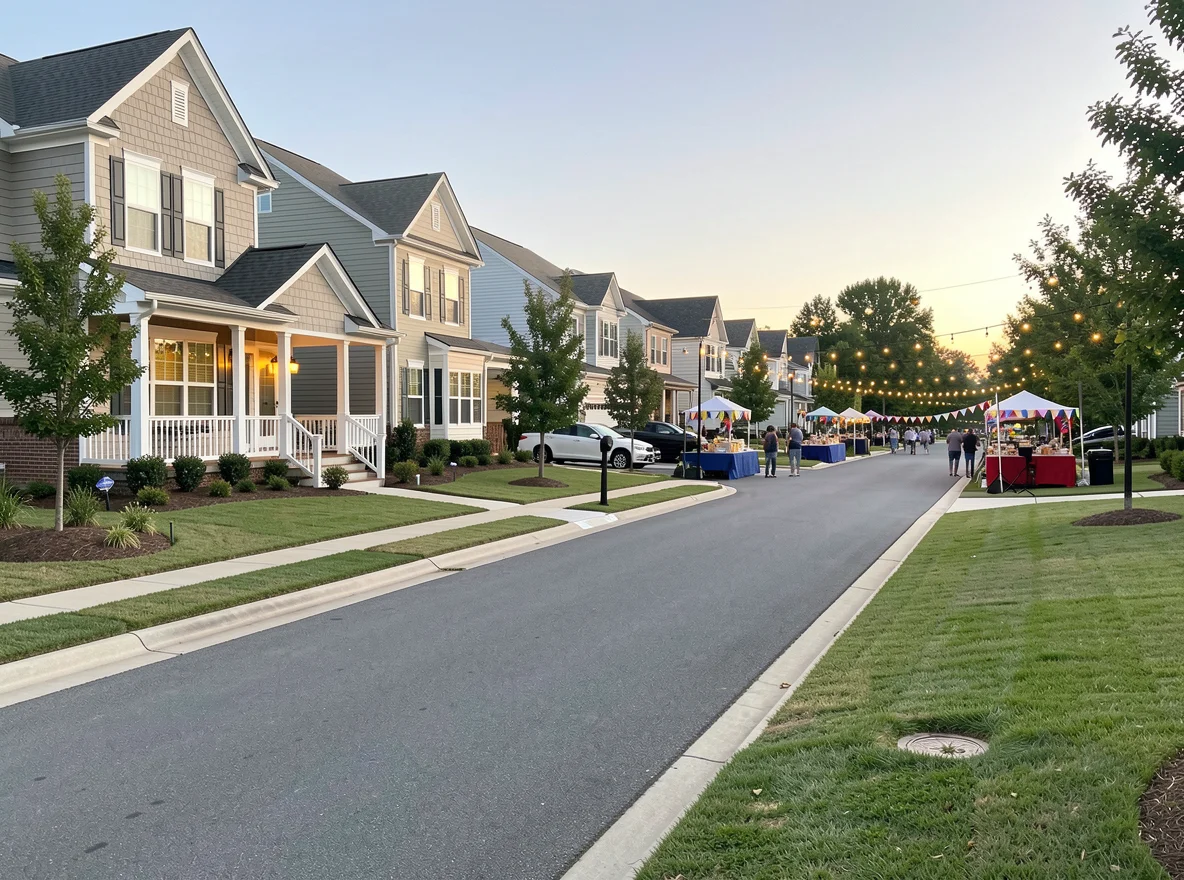 Suburban streetscape with newer homes in South Fulton, Georgia