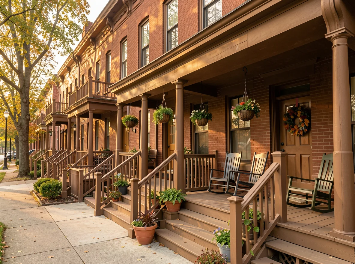 Historic brownstone-style homes on a residential street