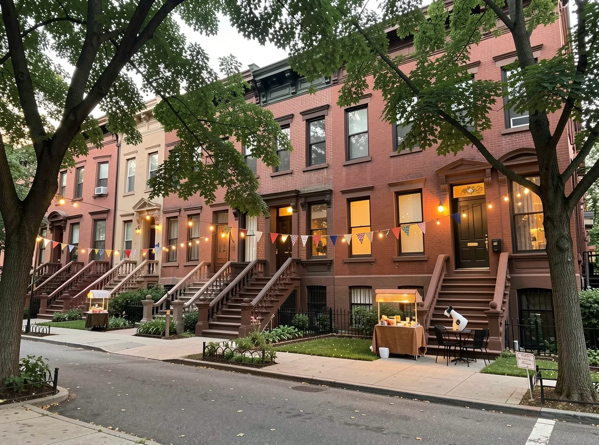 Brooklyn brownstone neighborhood scene