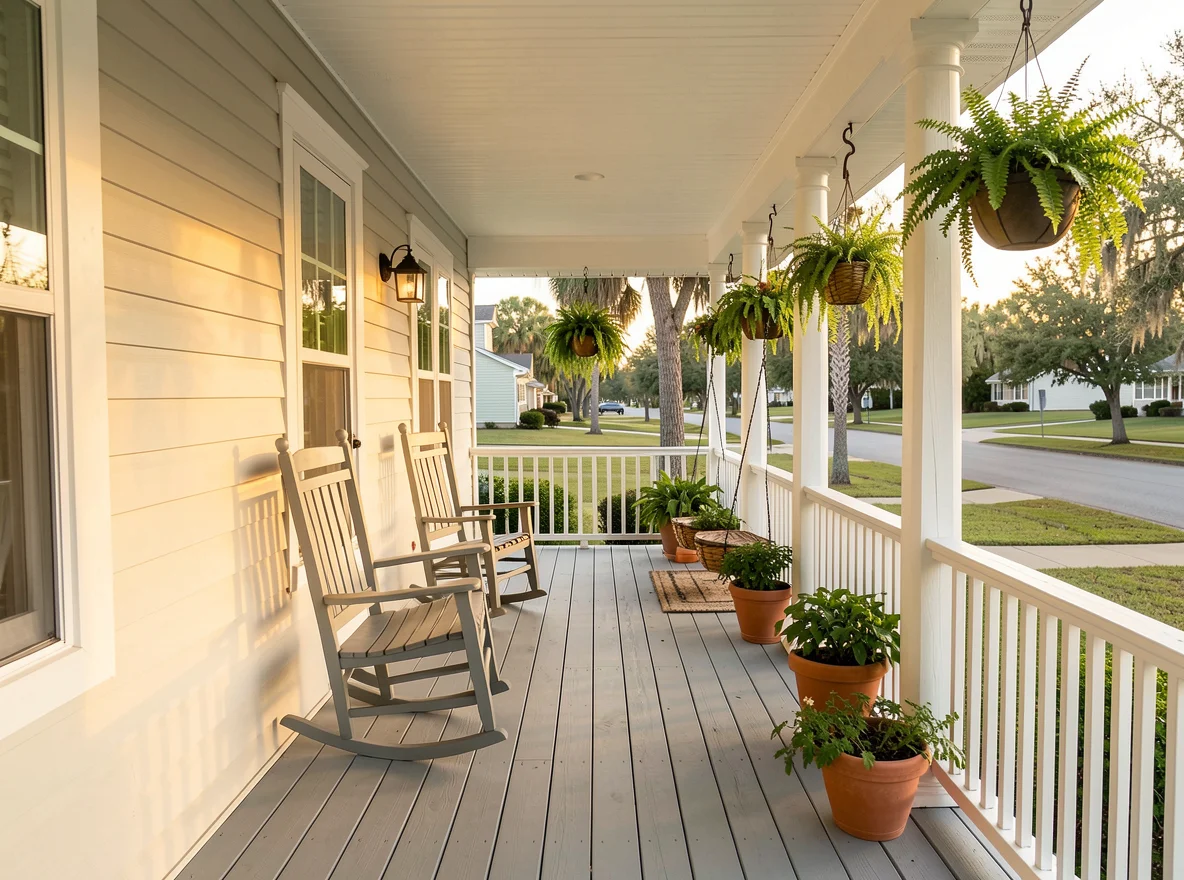 Inviting front porch at a rural Geneva home