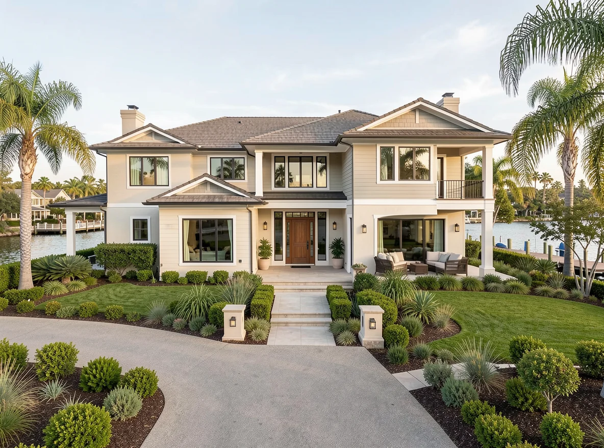 Elegant waterfront home exterior in Discovery Bay