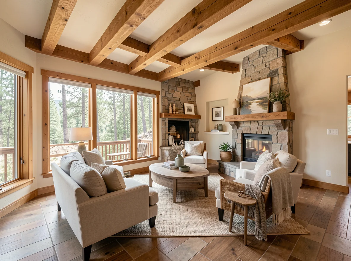 Warm cabin interior with wood beams and fireplace