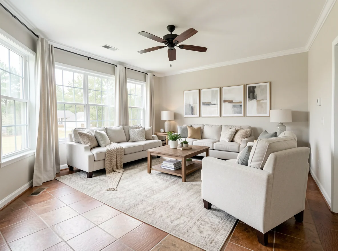 Staged living room in a Middle Georgia home