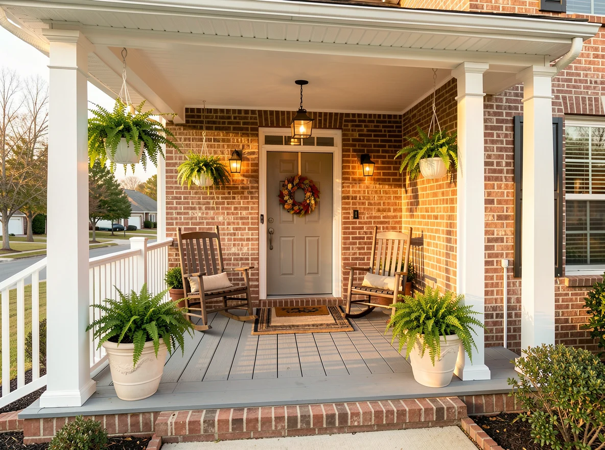 Inviting front porch of a brick home in Middle Georgia