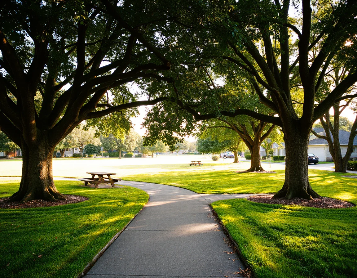 Tree-lined neighborhood park and walking path in Santa Rosa