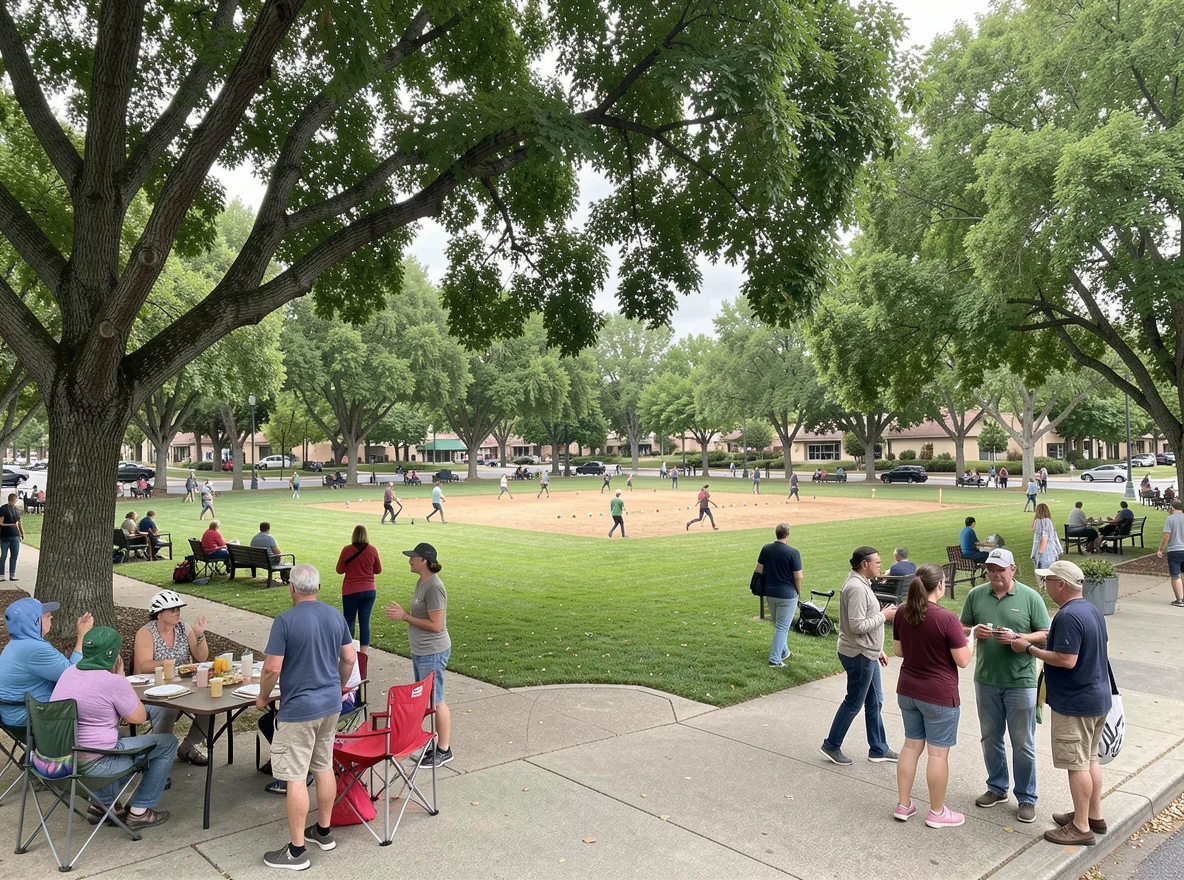 Trees and lawn at La Plaza Park in Cotati