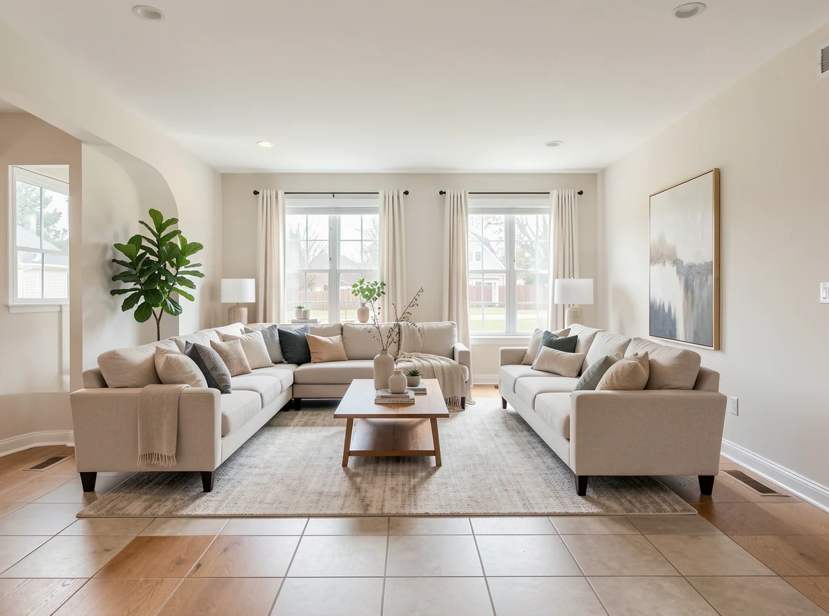 Bright staged living room in an Ohio home