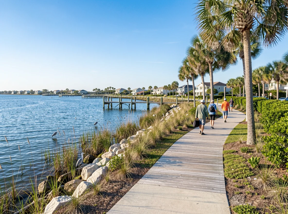 Oceanfront boardwalk and Atlantic shoreline in Pompano Beach