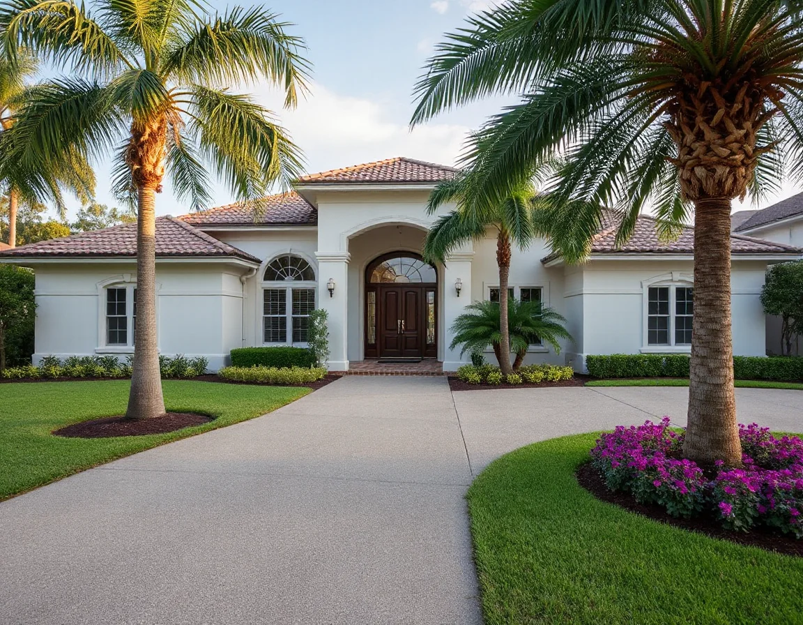 Prepared Boca Raton home exterior with tropical landscaping