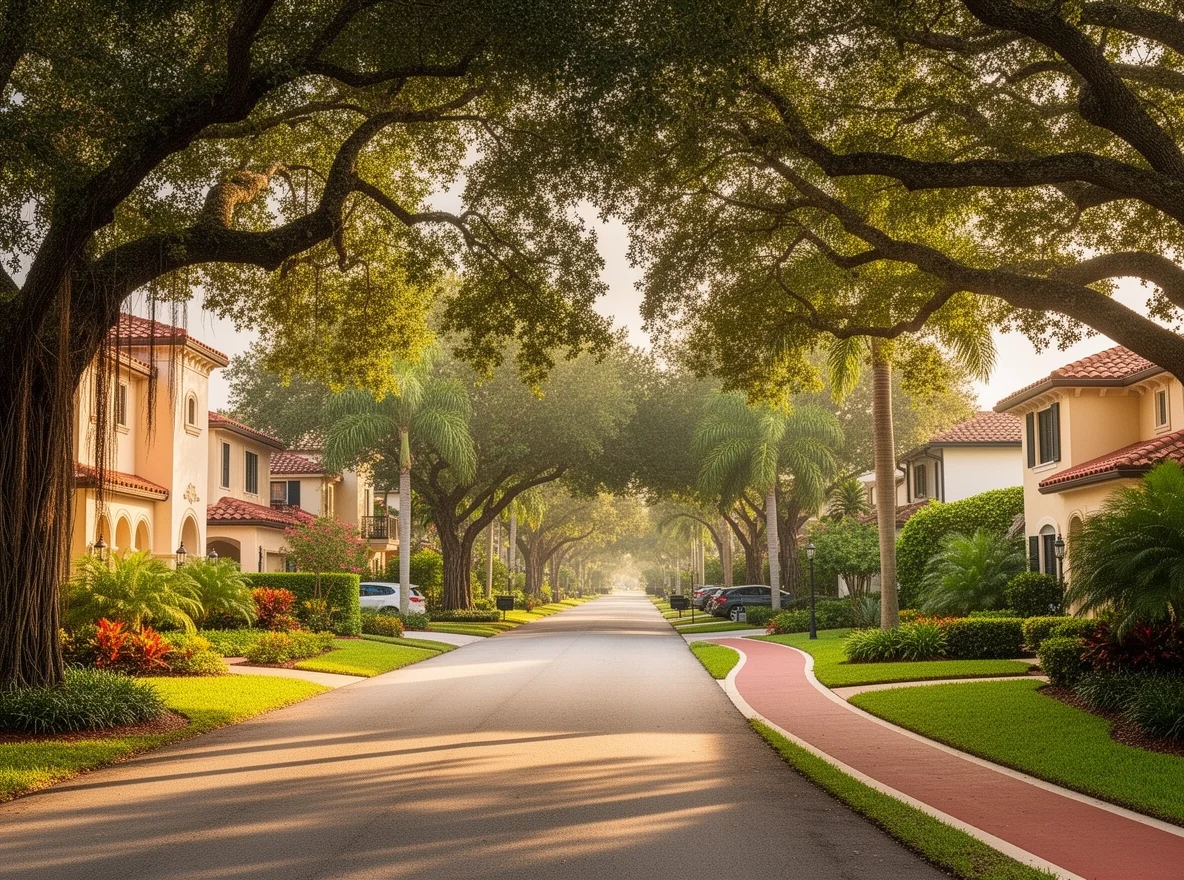Tree-lined street and classic homes in Miami Shores