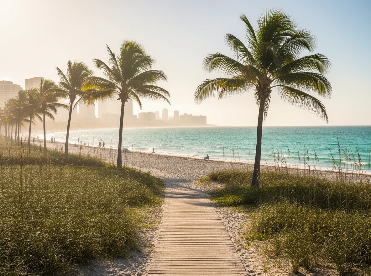 Palm-lined shoreline and condo skyline in Miami Beach