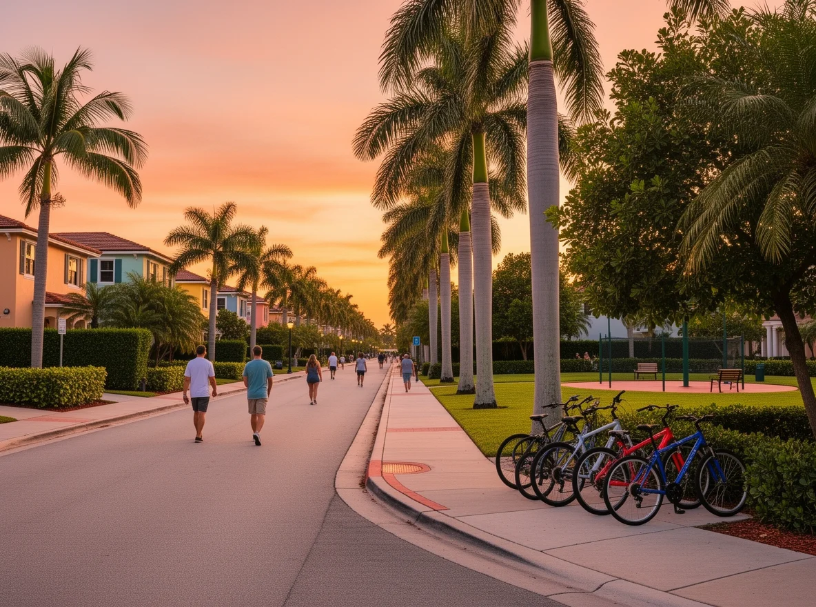 Palm-lined residential street in Miami at sunset