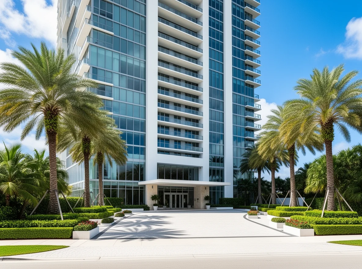 Modern luxury condo exterior with palm trees in Miami Beach