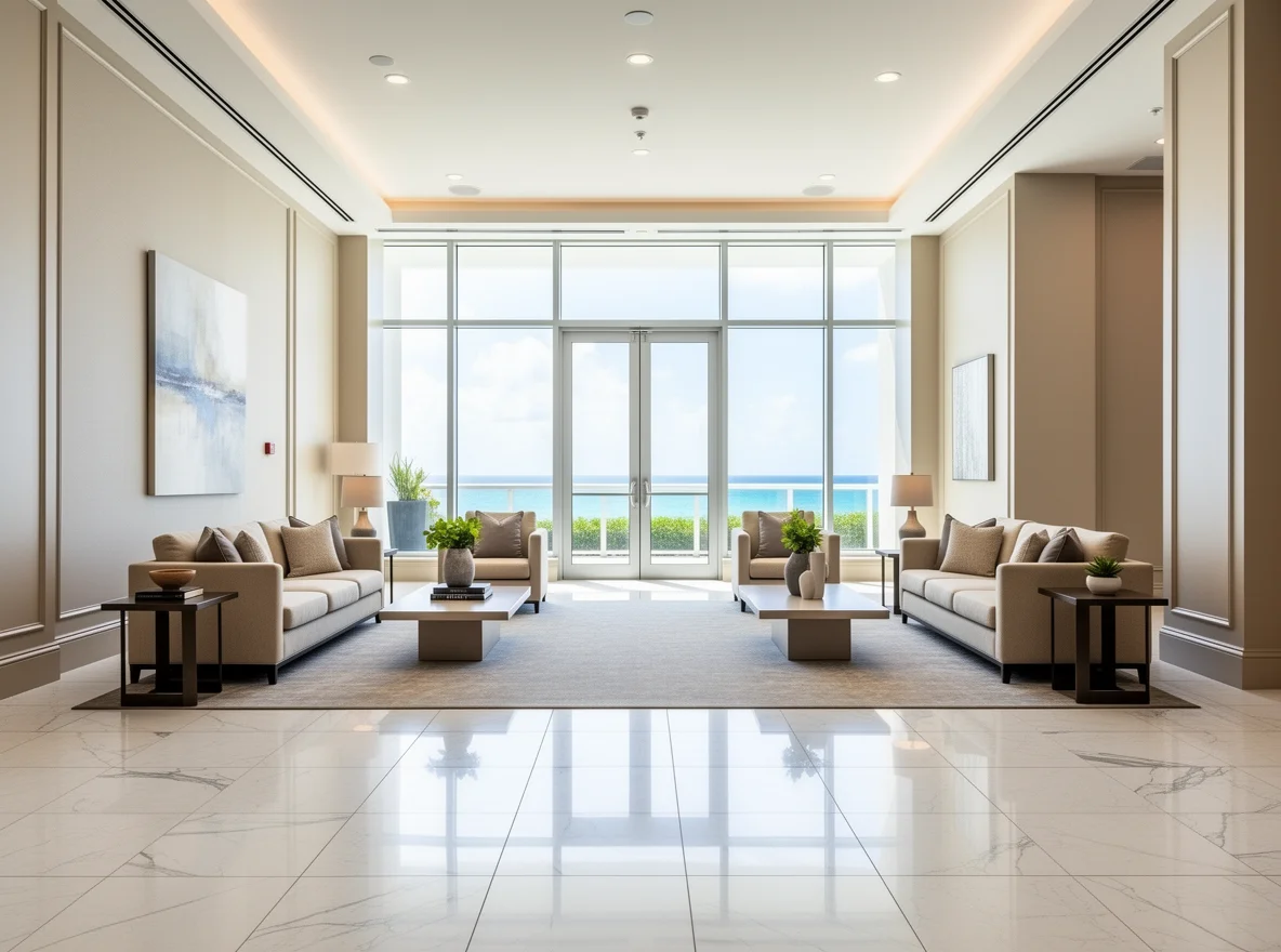 Elegant modern condo lobby interior in Miami Beach