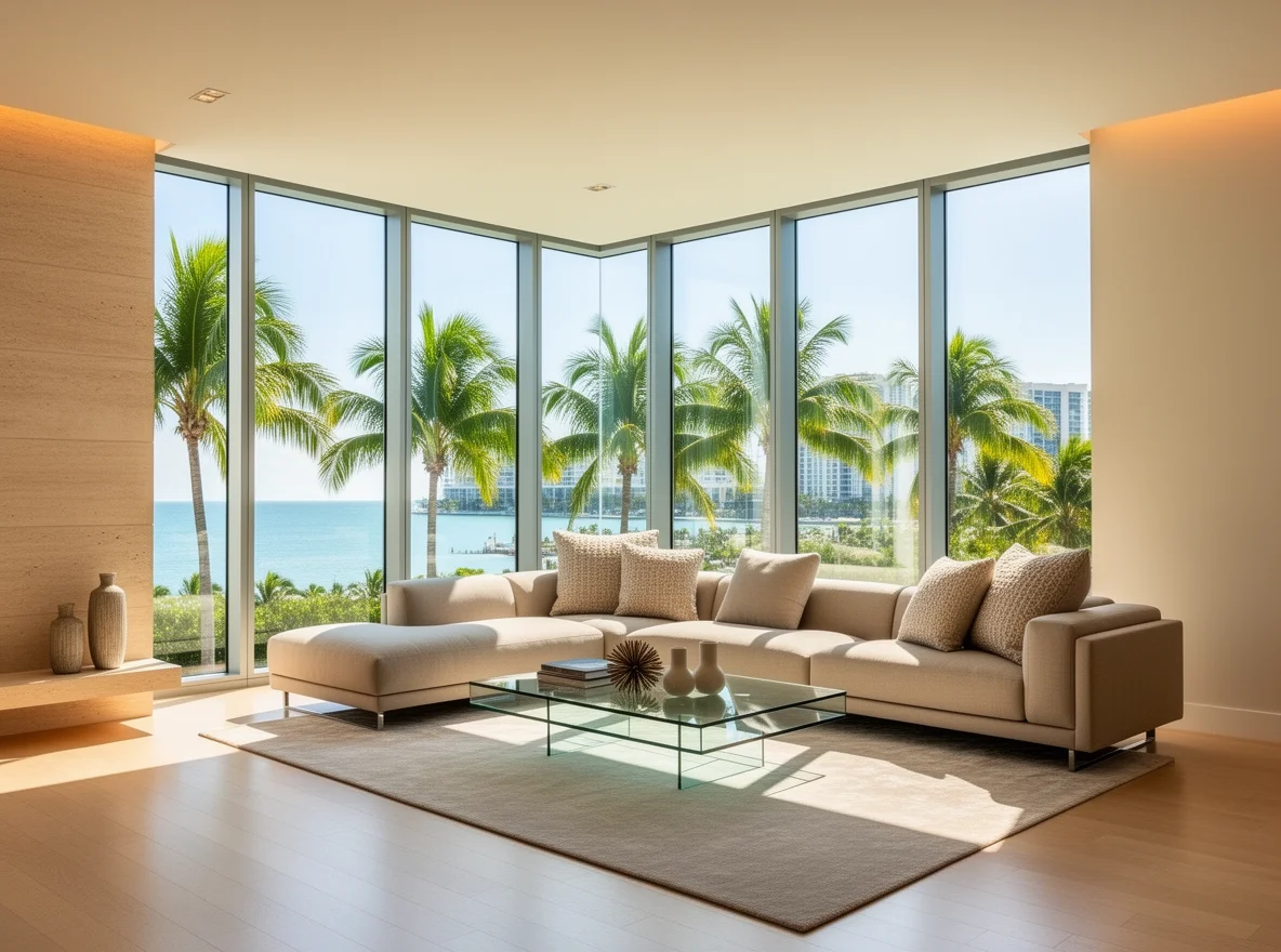 Luxury condo living room with large windows and natural light in Miami