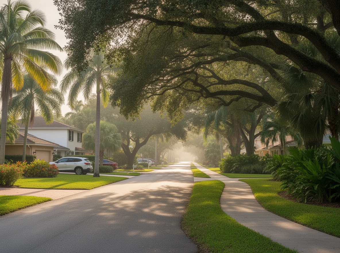 Shaded residential street with tropical greenery in El Portal