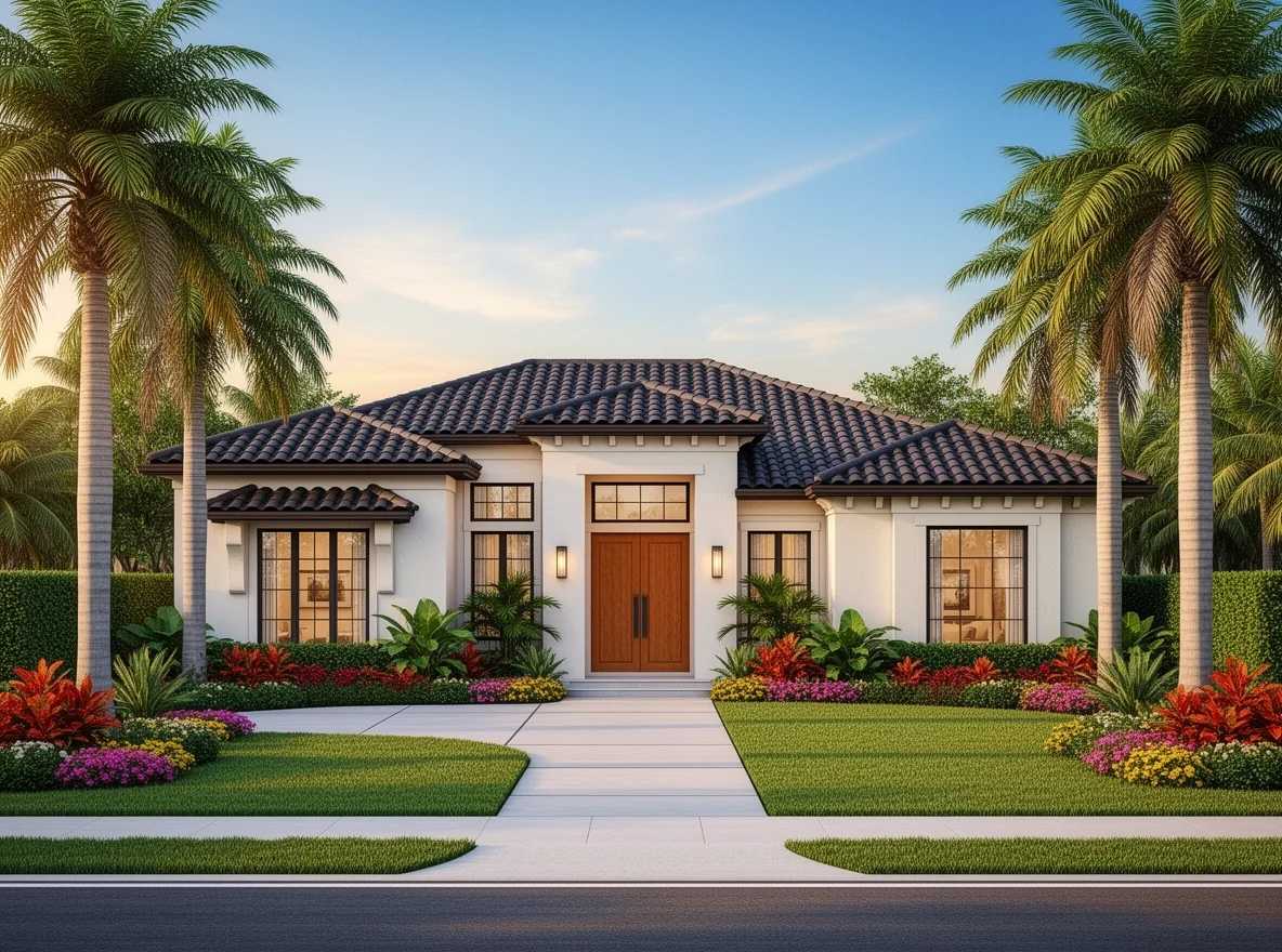 Single-family home exterior with tropical curb appeal