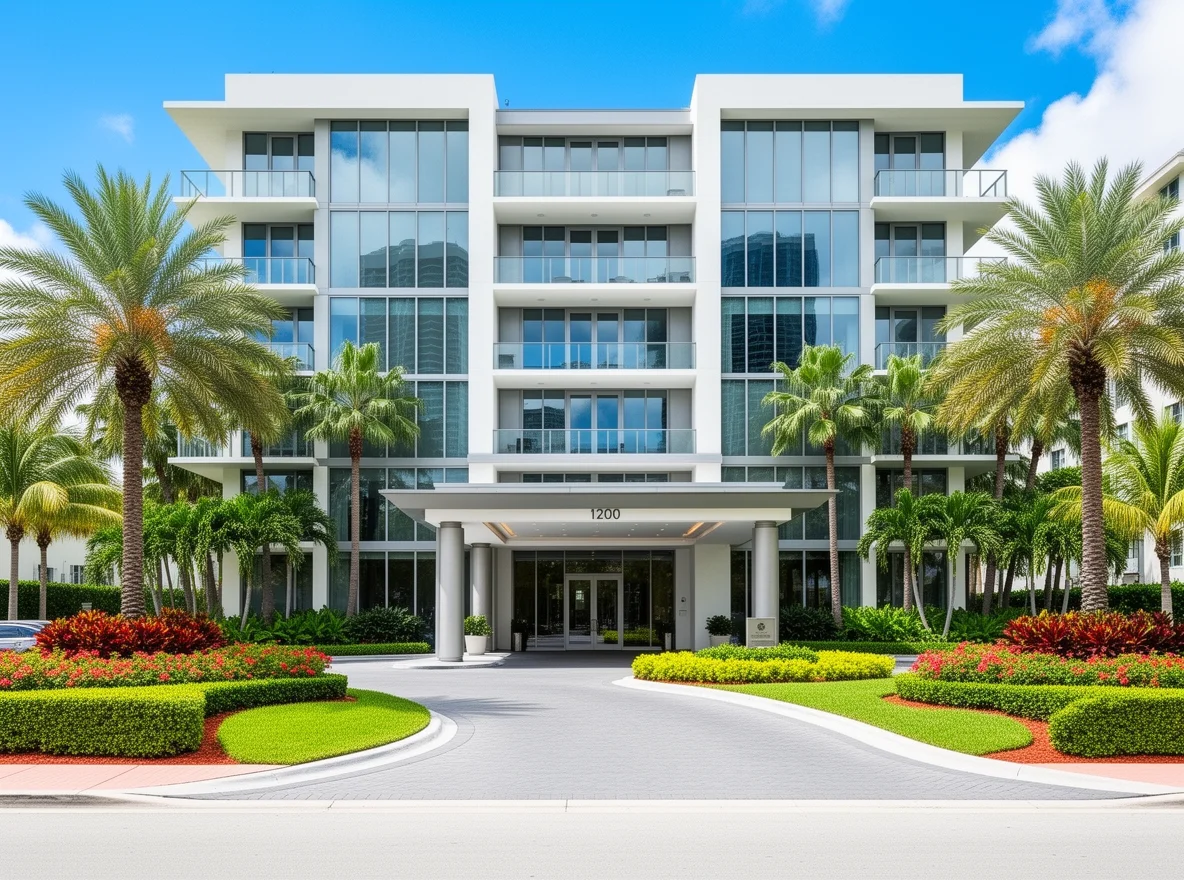 Modern luxury condo exterior with tropical landscaping in Miami