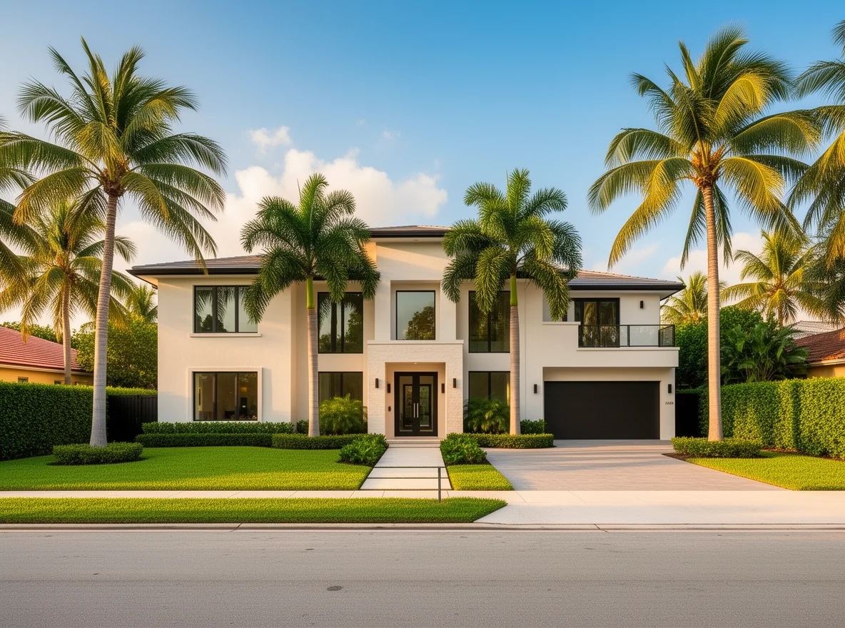 Well-maintained home exterior in Miami Shores with palms and lawn