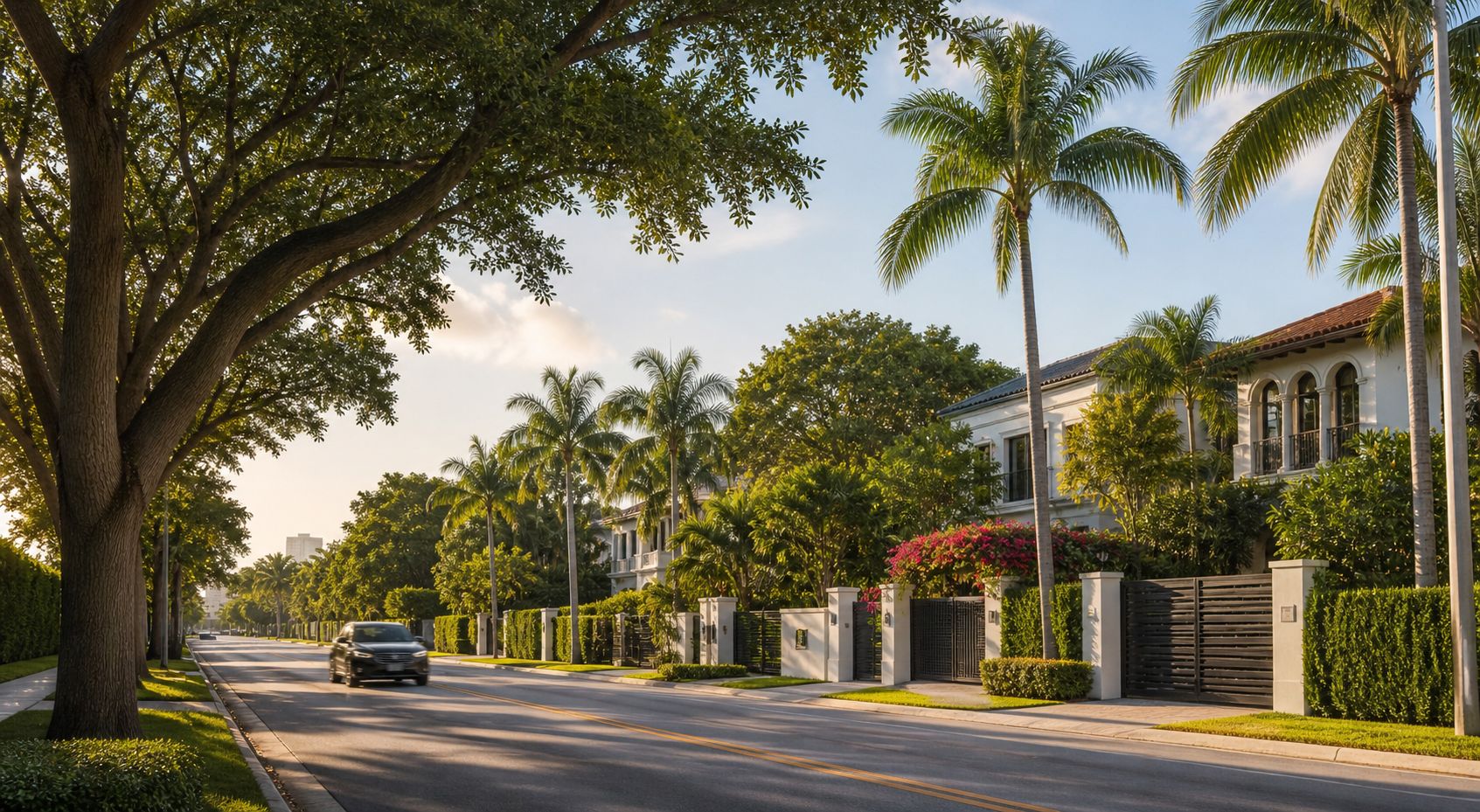 Tree-lined street and classic homes in Miami Shores