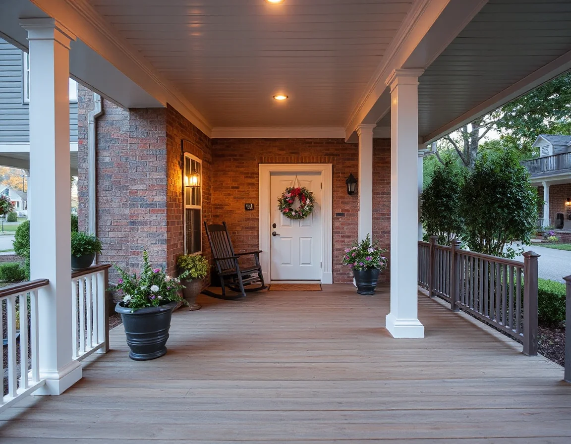 Welcoming front porch with coordinated lighting and greenery