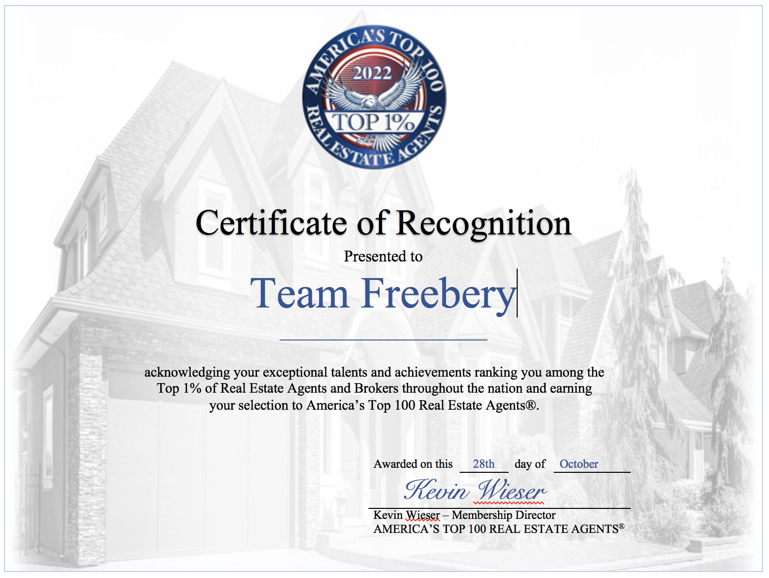 Team Freebery America's Top 100 Award