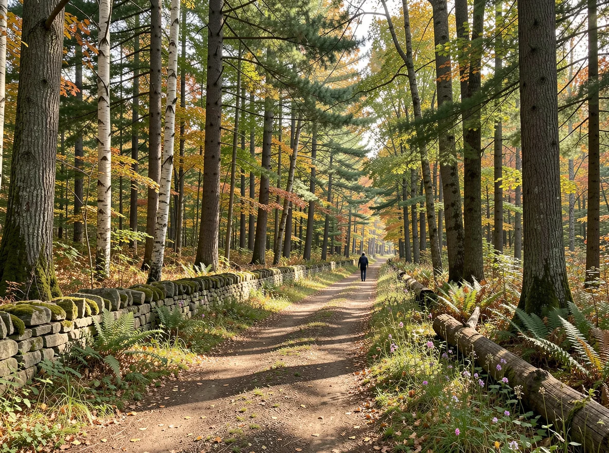 Scenic wooded road and classic New England landscape in Bethany, Connecticut
