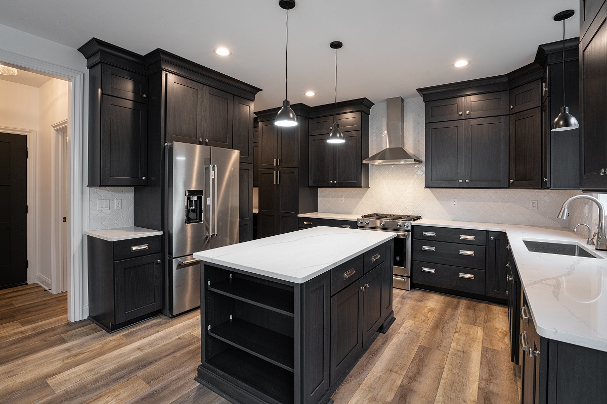Kitchen with Dark Brown Cabinets, White Counters