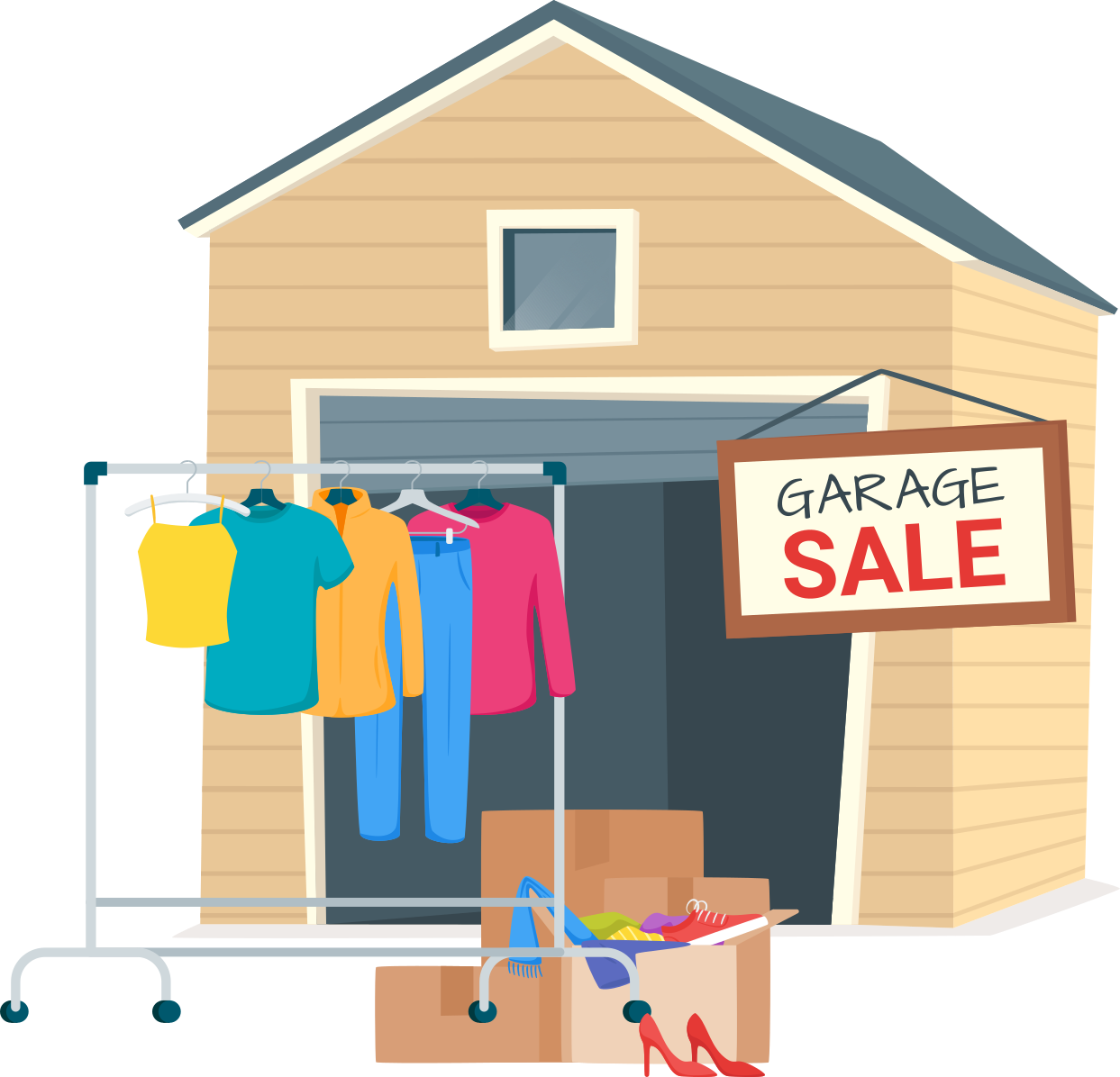Garage with clothes hanging outside - garage sale concept