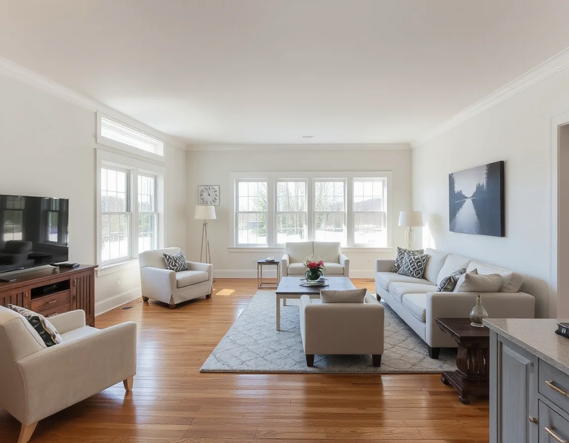 Bright staged living room with natural light in Danvers