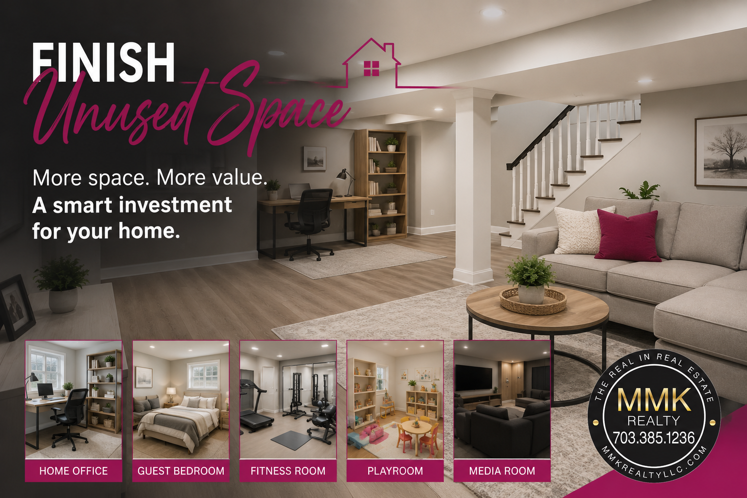 Affordable finished basement ideas to increase home value in Northern Virginia before selling.