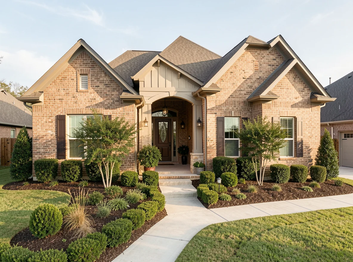 Pearland home exterior with brick facade and landscaping
