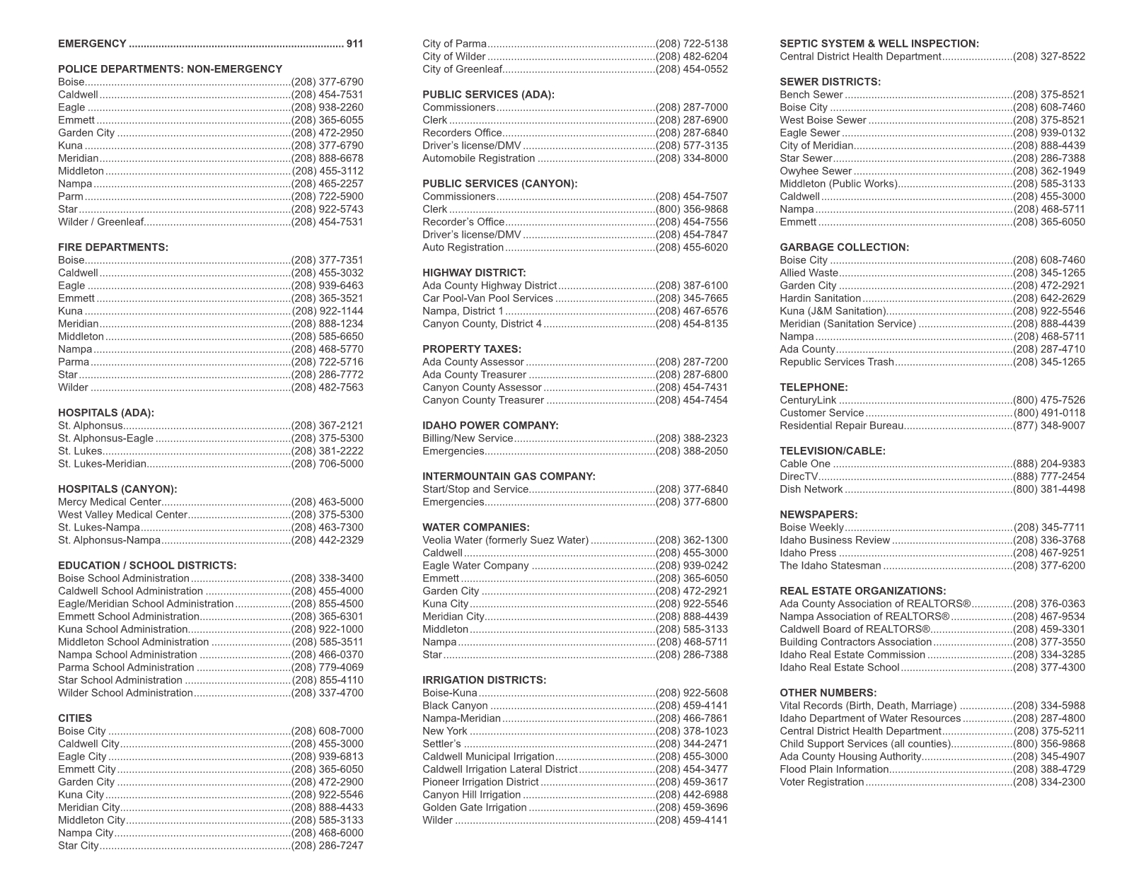 Utility numbers and transfer guide for Ada and Canyon County