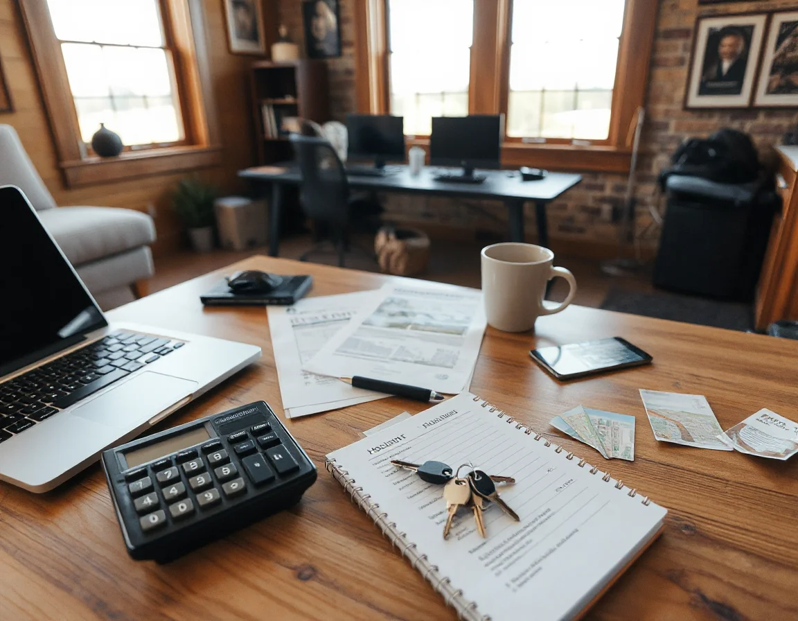 Home purchase documents and calculator prepared for closing
