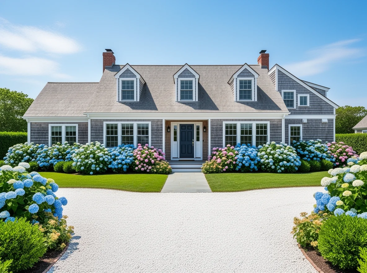 Shingle-style Nantucket home with hydrangeas and crisp white trim