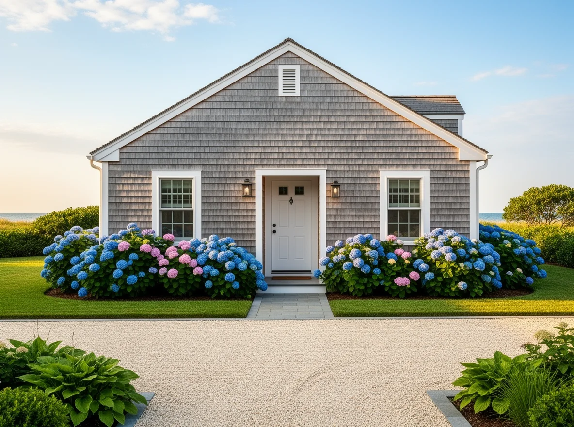 Classic shingled Nantucket cottage with hydrangeas
