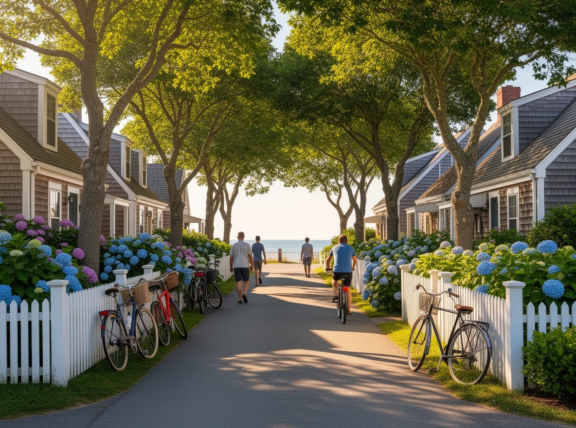 Quiet Nantucket lane with bicycles and coastal neighborhood feel