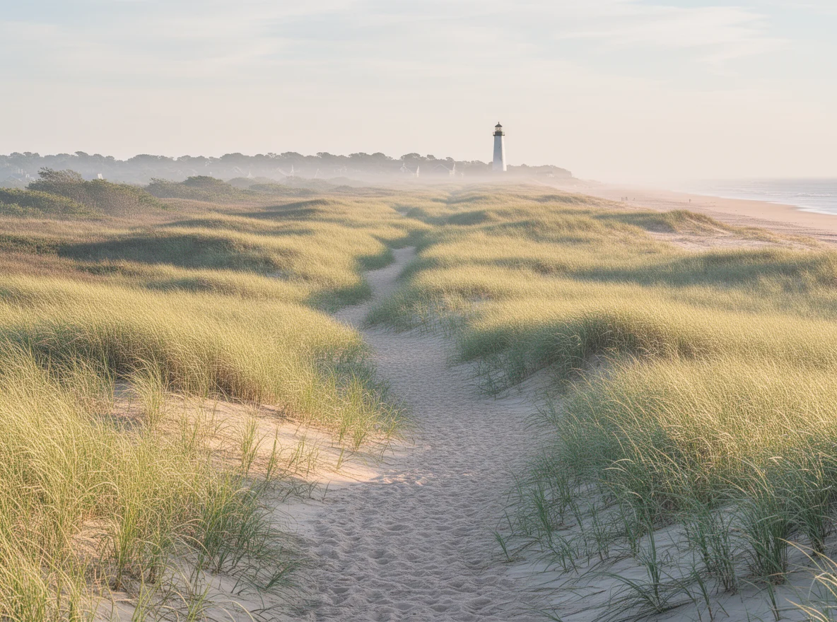 Nantucket dunes and lighthouse in soft morning light