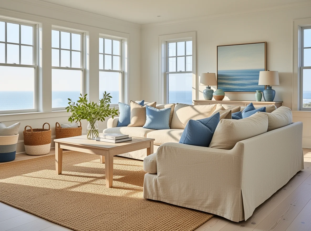 Coastal-inspired living room with light textures and summer brightness