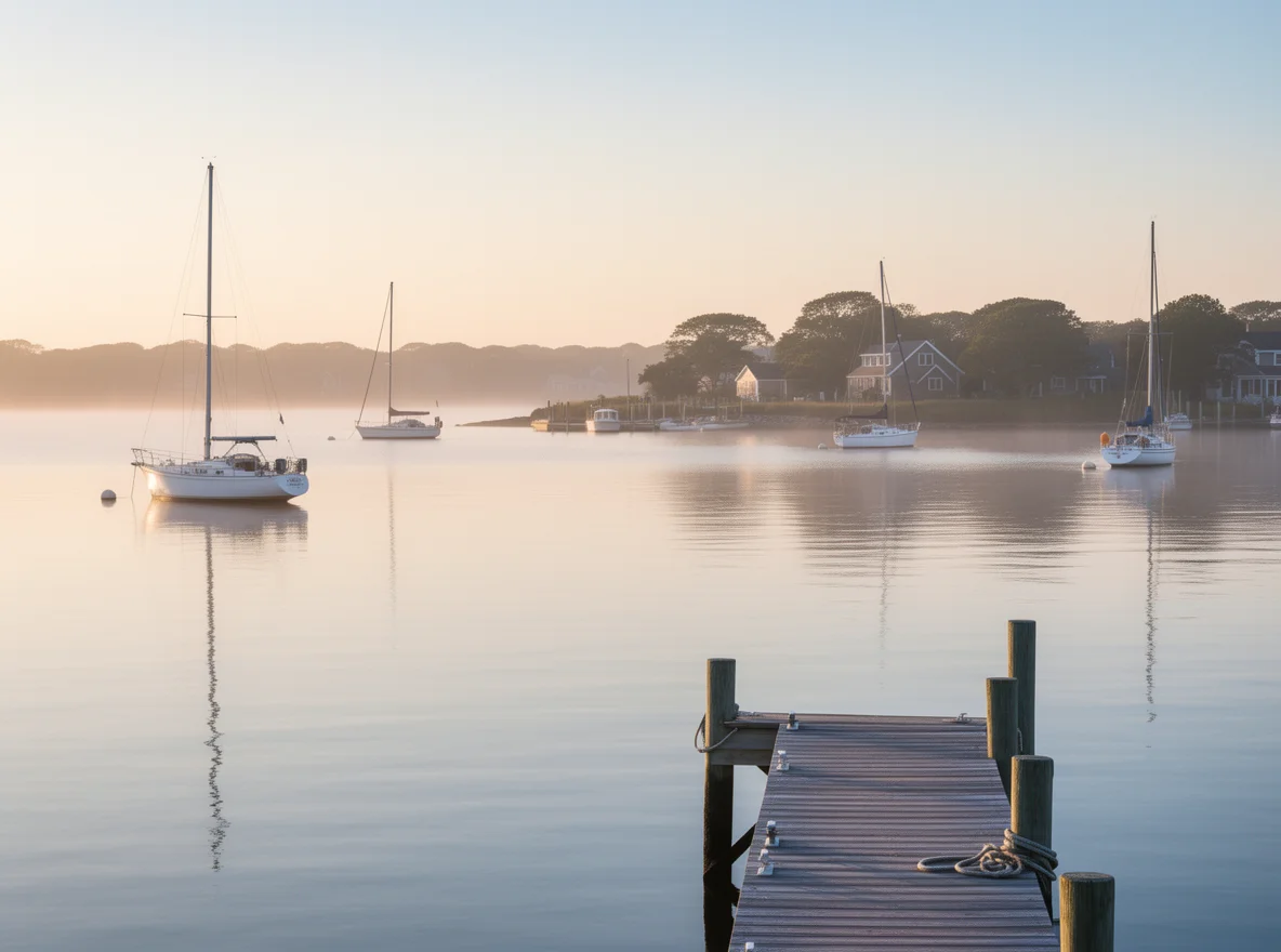 Morning view of Nantucket Harbor with boats at anchor