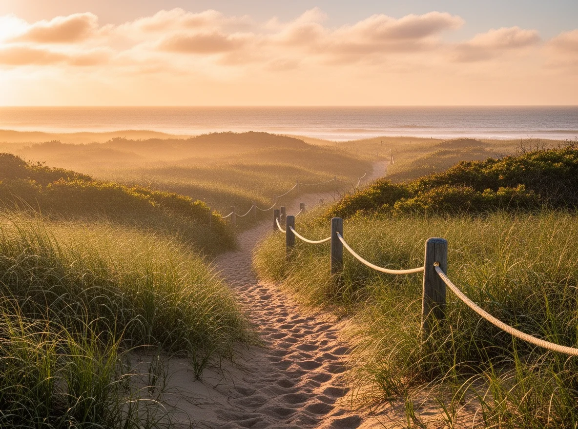 Nantucket dunes and sandy path in warm evening light