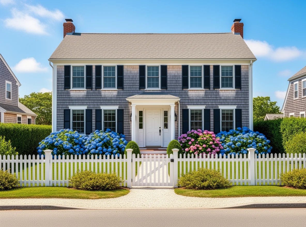Shingle-style Nantucket home with hydrangeas and picket fence