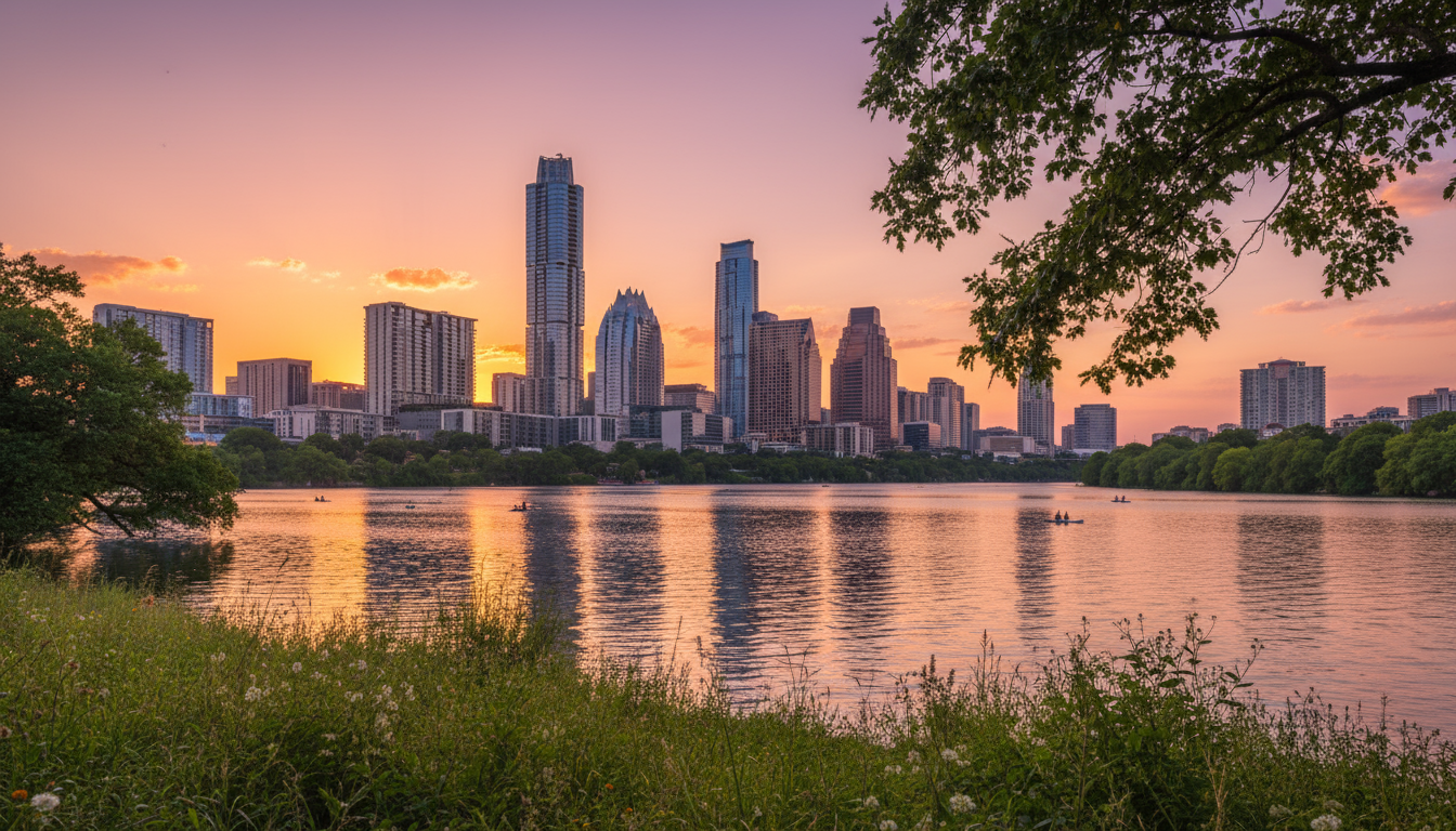 Austin skyline at sunset by the river