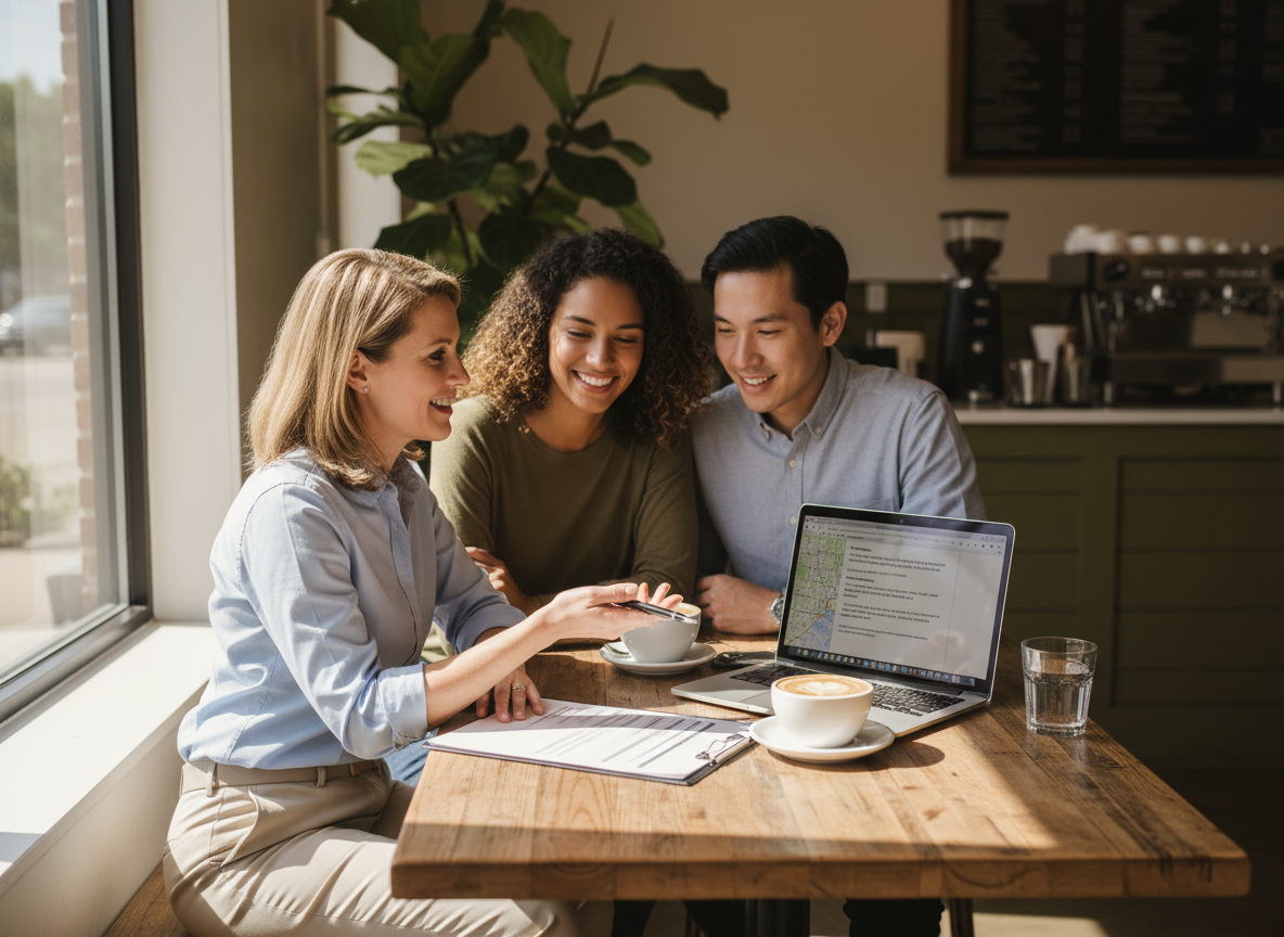 Young Austin couple meeting with realtor over mortgage paperwork