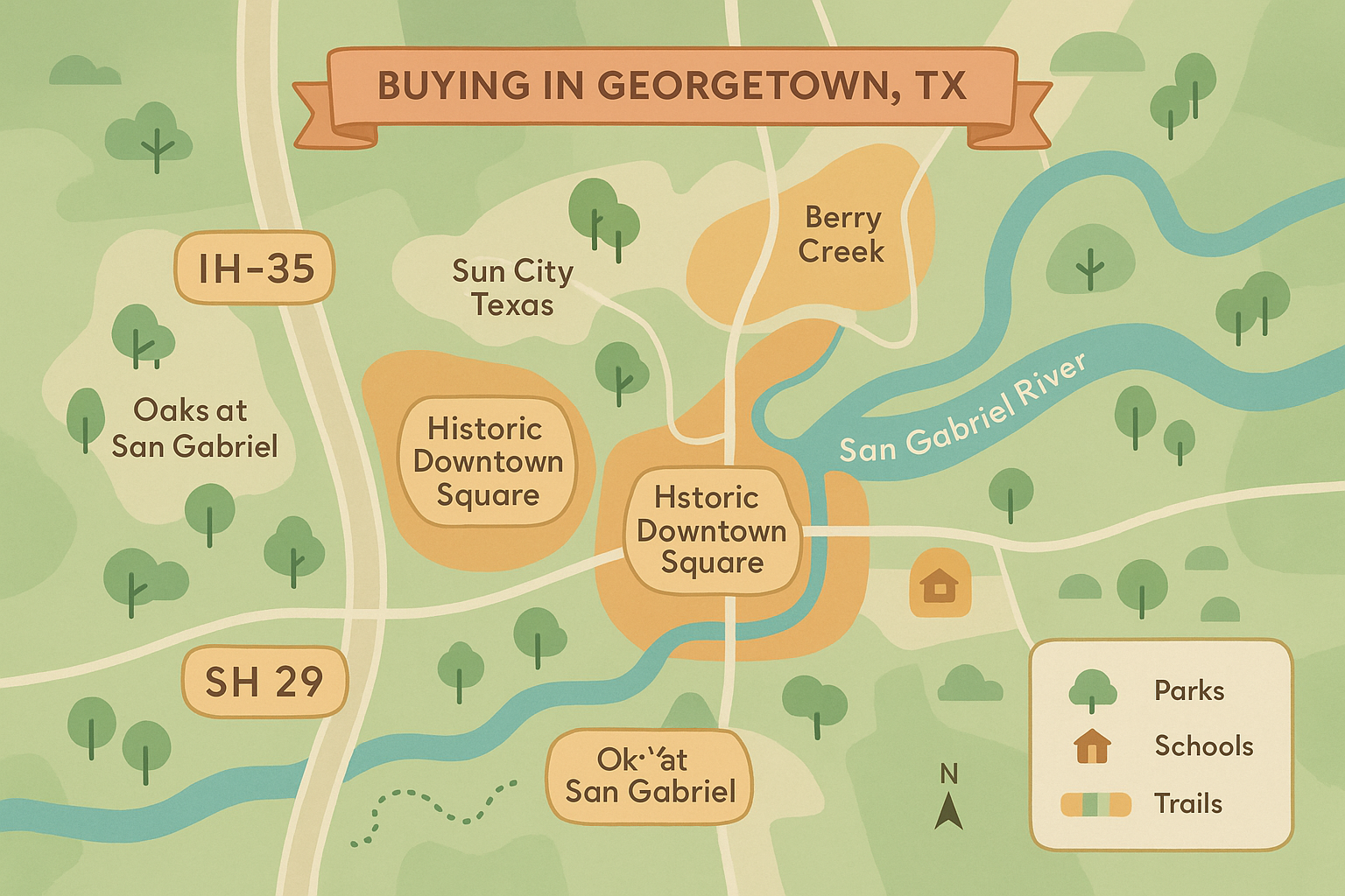 Stylized map of Georgetown highlighting Historic Downtown Square, Wolf Ranch, Berry Creek, Sun City Texas, and Oaks at San Gabriel.