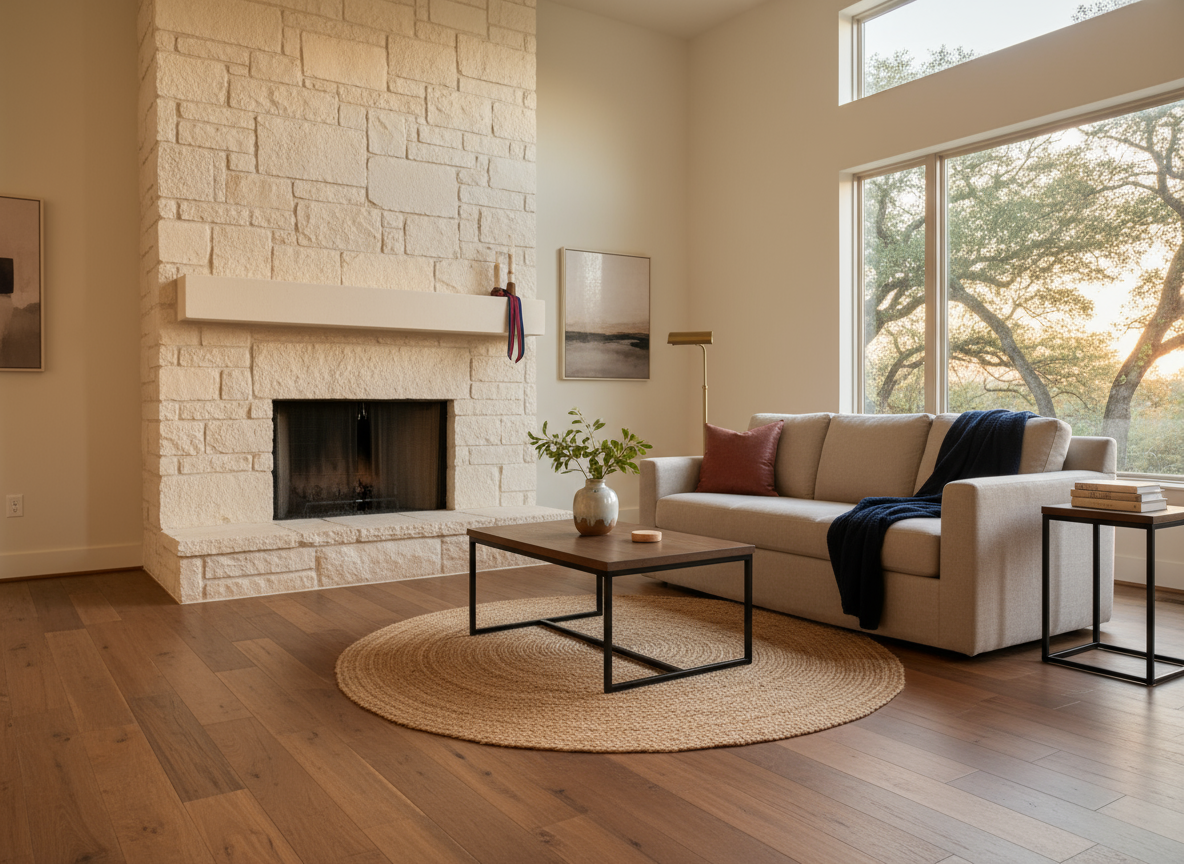 Sunlit modern living room and kitchen in a Georgetown home with unpacked boxes and backyard view.