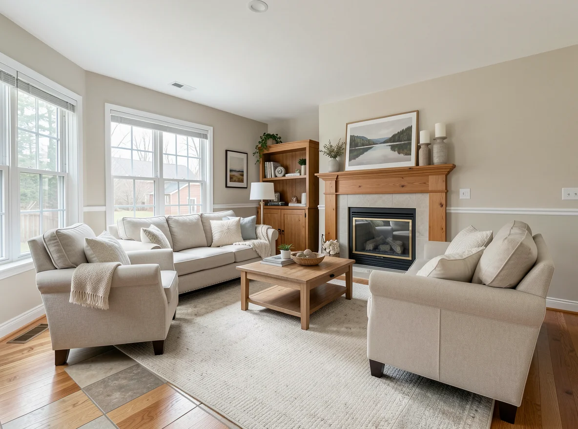 Bright staged Vermont living room ready for sale