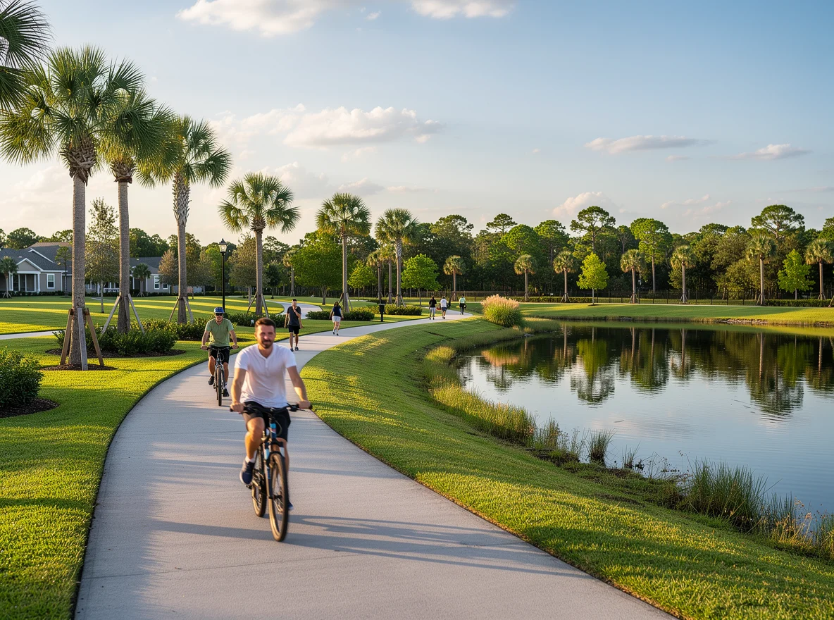 Biking and walking path through a palm-lined park in Nocatee