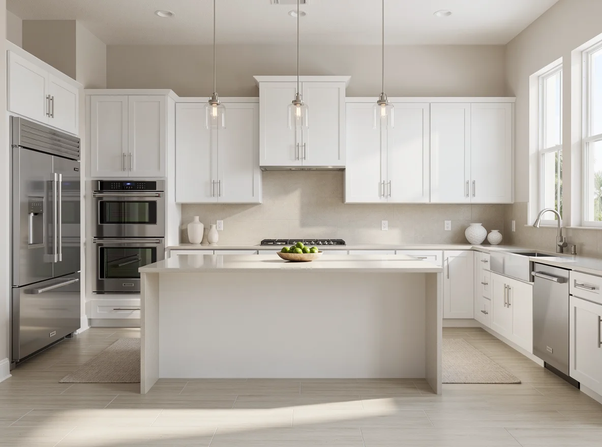 Updated cabinet hardware and lighting in a bright St. Johns kitchen